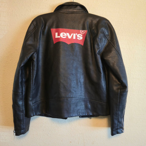 Levi’s Kids Faux Leather Moto Jacket Large 12-13 Black Biker Logo Back