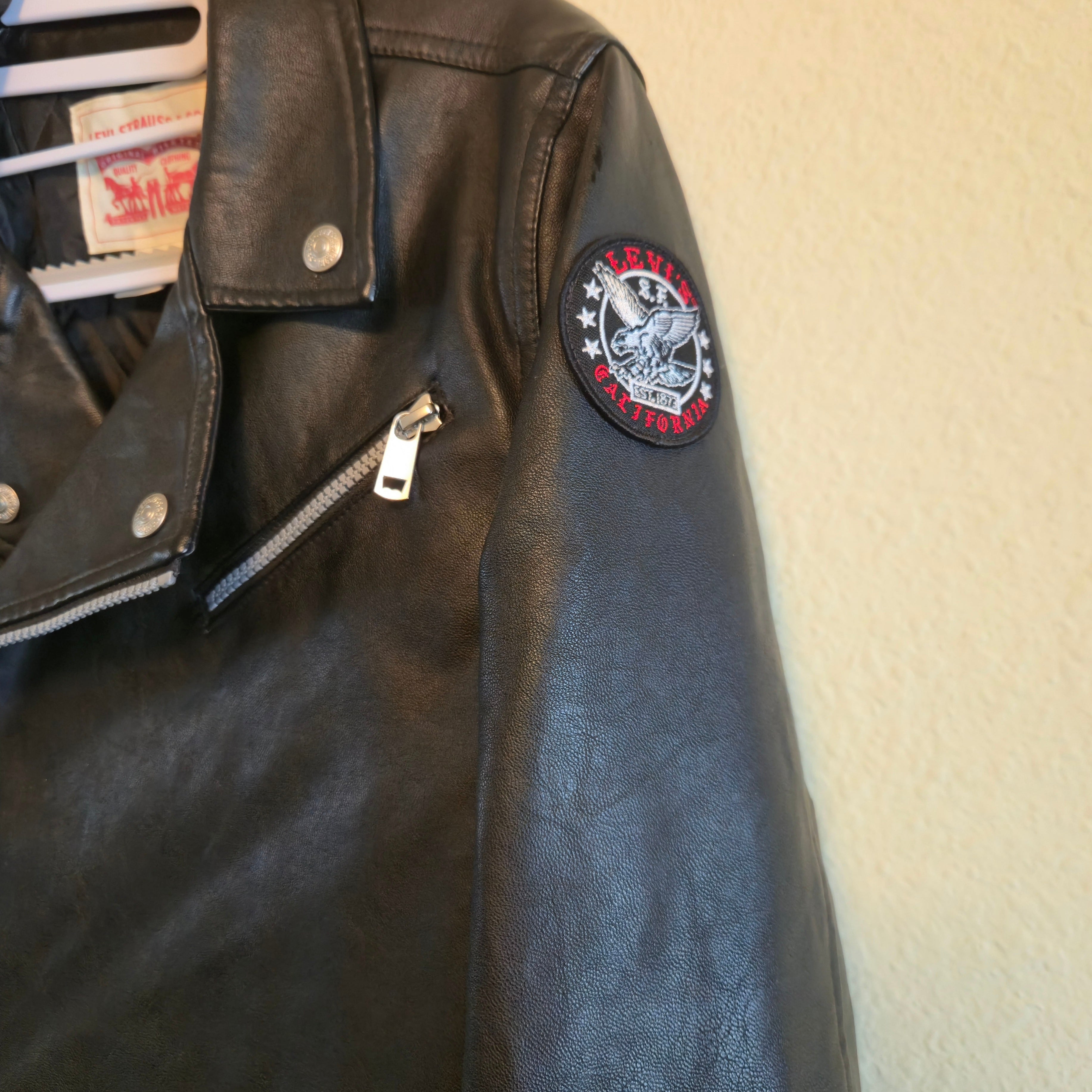 Levi’s Kids Faux Leather Moto Jacket Large 12-13 Black Biker Logo Back